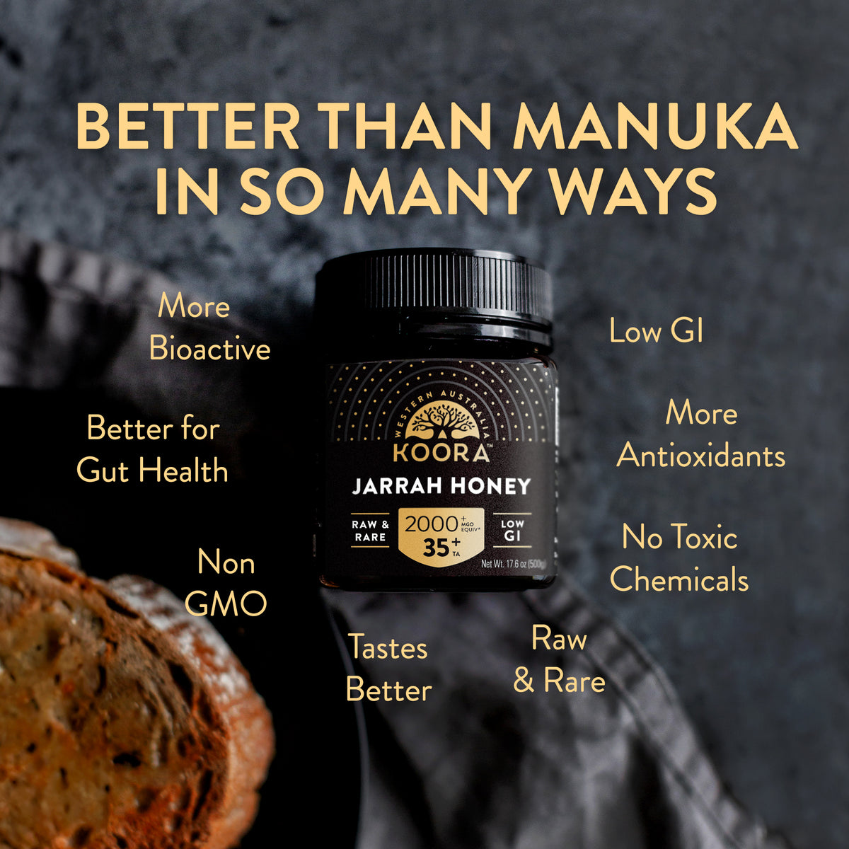Jarrah Honey TA35+ (Equivalent to Antimicrobial Rating of MGO 2000+ in Manuka Honey)